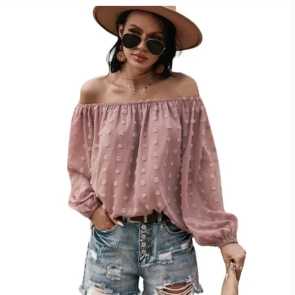 Dusty rose tufted dot off shoulder boho flowy long sleeve blouse sizes M and L - Picture 5 of 5